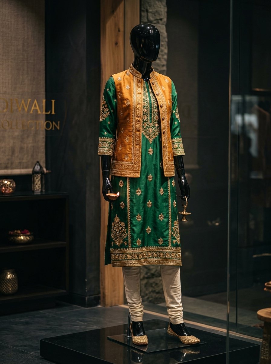 Traditional Indian festive silk kurta and bandhgala attire displayed on glossy mannequin