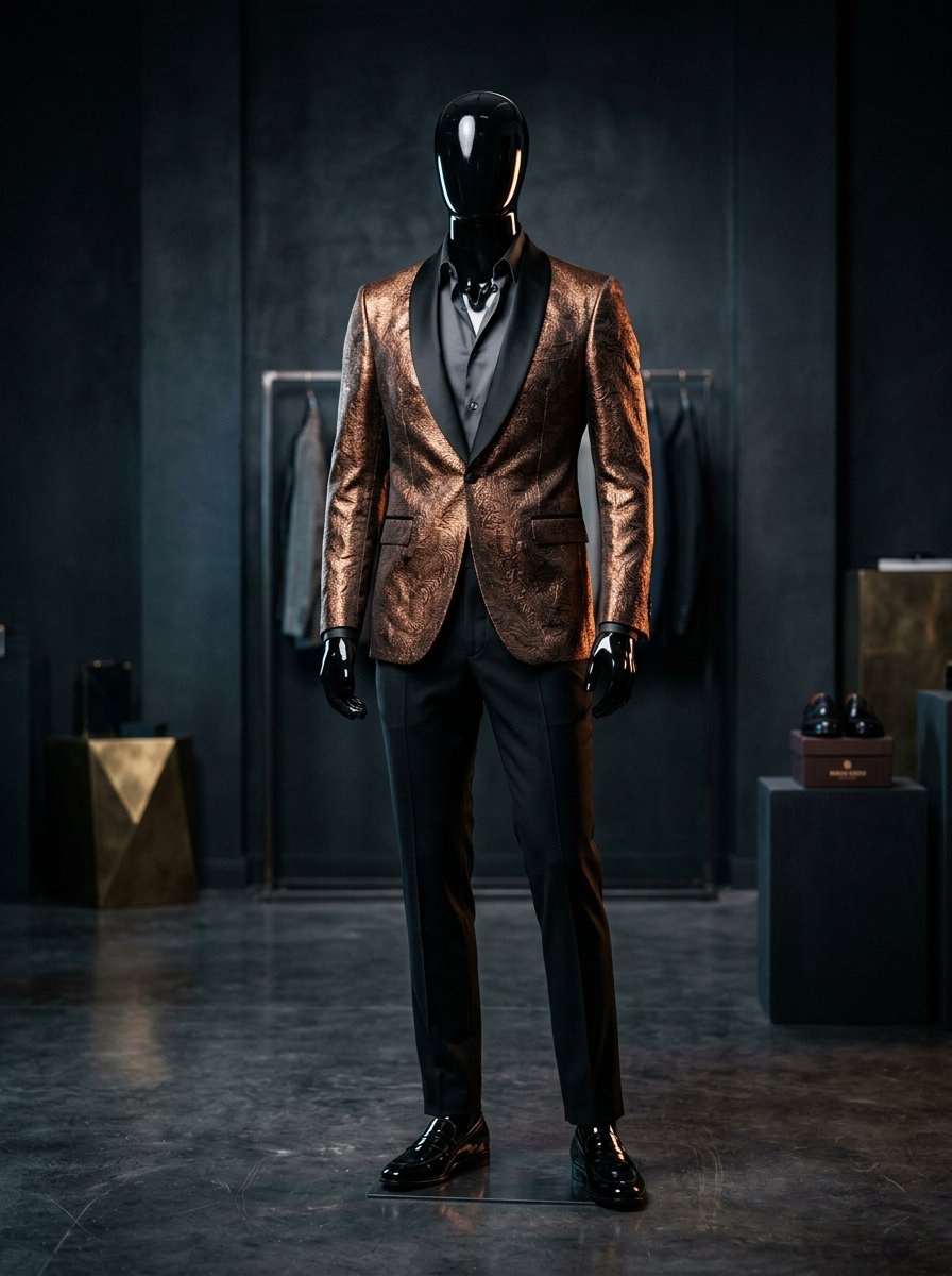 Glamorous evening gala and cocktail party attire on glossy mannequin
