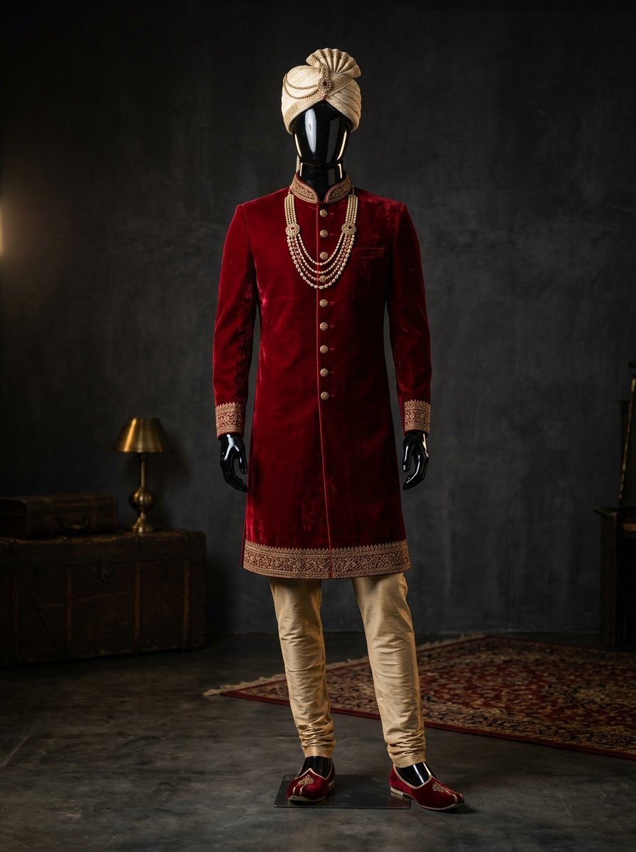 Regal Indian wedding couture and sherwani ensemble curated on high-gloss atelier mannequin