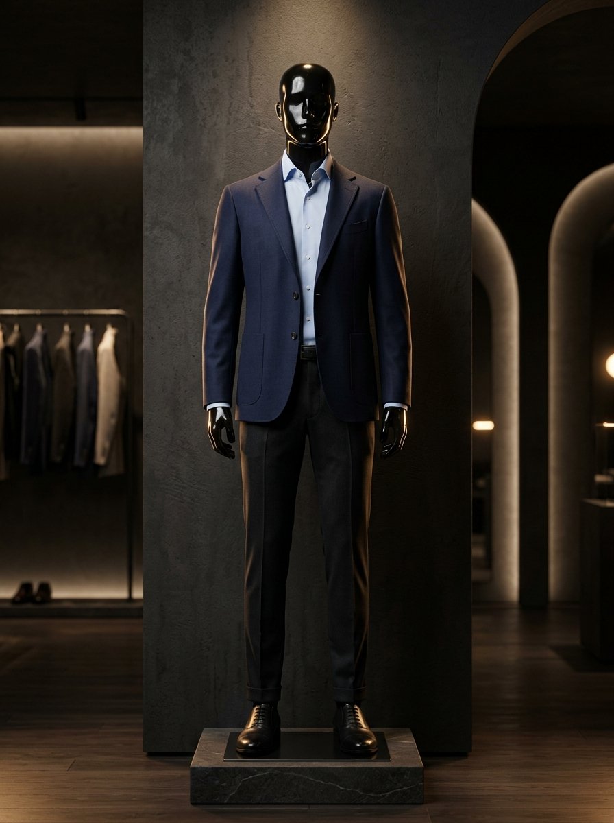 Tailored executive corporate workwear ensemble on minimalist mannequin